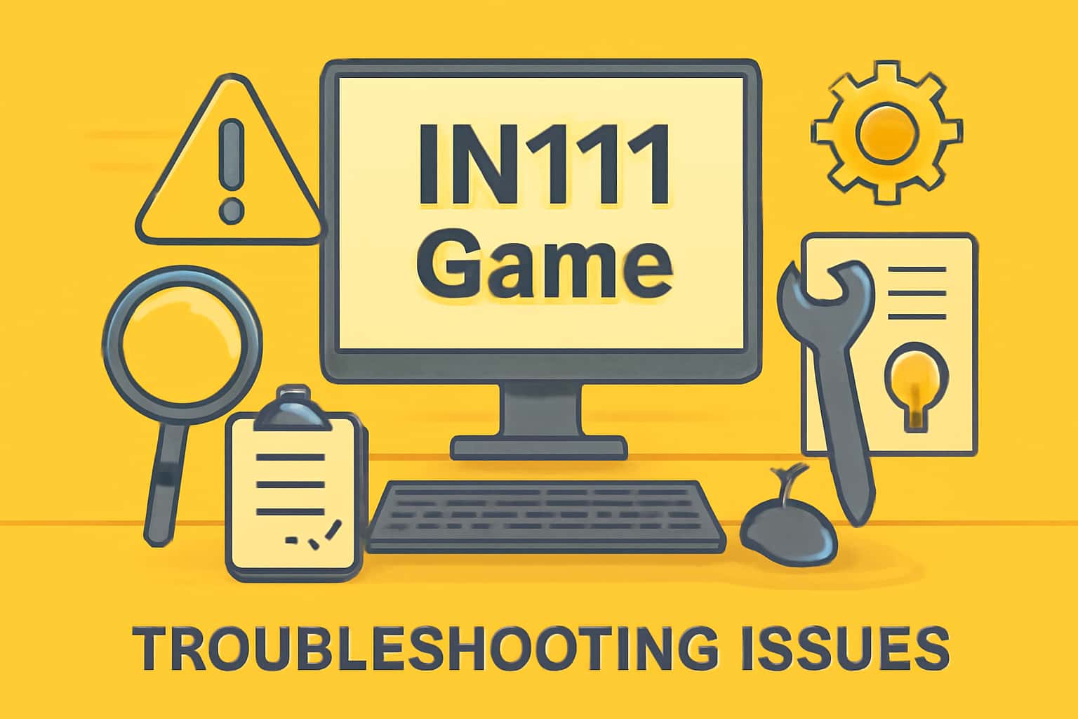 An informational scene depicting troubleshooting steps for the IN111 Game.